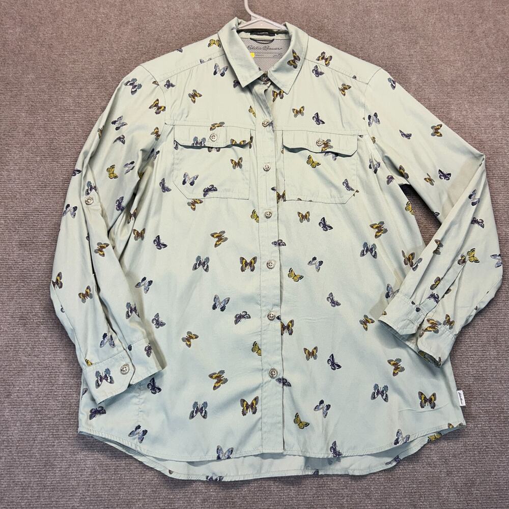 Eddie Bauer Travex Travel Shirt Women's Small Petite L/S Vented AOP Butterfly